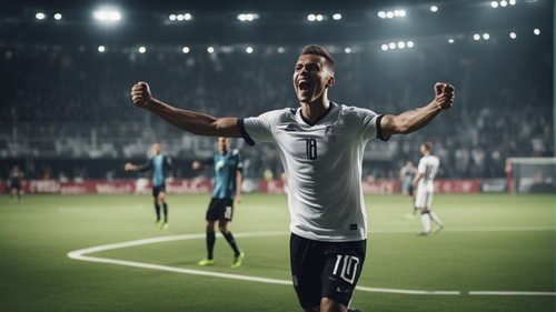 Игрок в футбол, который выглядит счастливым, бегущим по полю после ставки у Singbet