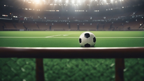 Пустое футбольное поле с мячом на переднем плане