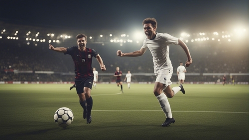 Два футболиста на переднем плане, бегущие за мячом